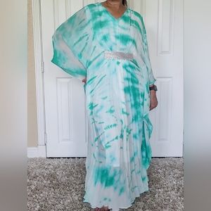Beautiful Kaftan Dress. White and Turquoise.